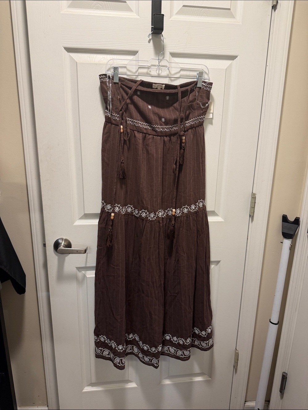 Ultra Flirt Brown Tiered Maxi Skirt with White Embroidered Trim